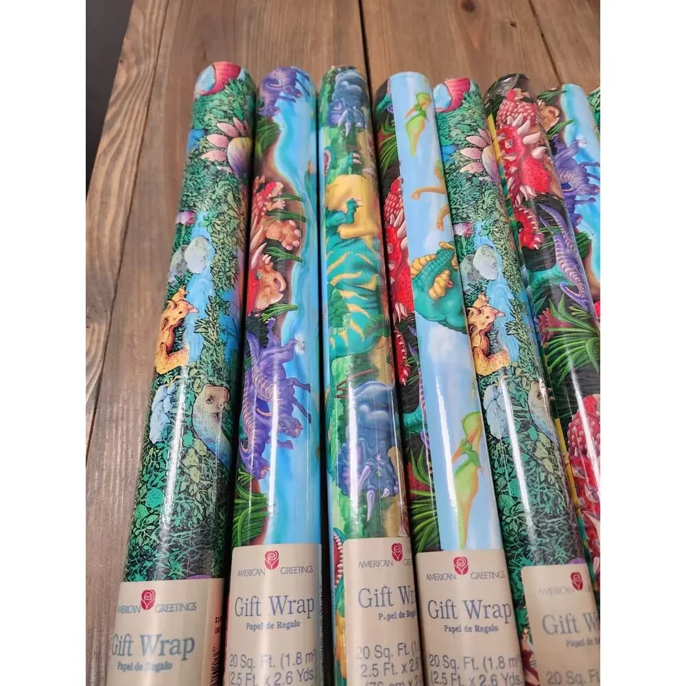 Vtg Lot 9 Dinosaur Roll Wrapping Paper American Greetings 20 Sq Ft Each
